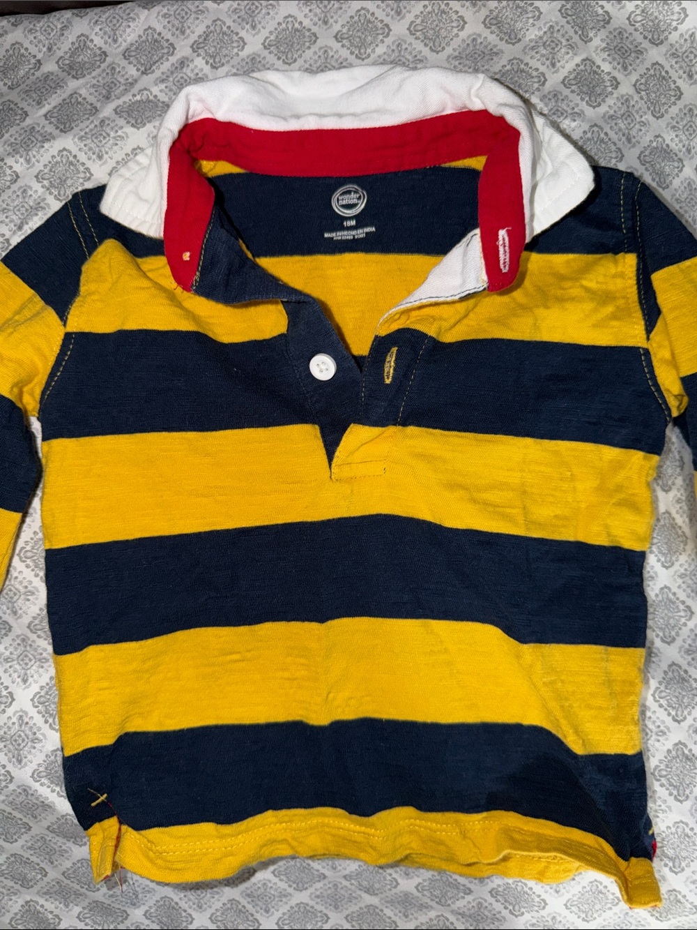 wonder nation Yellow & Navy Striped Rugby Polo with Red-Trim Collar